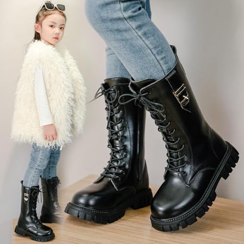 Girl's Knee High Boots Lace Up Side Zipper Combat Boots, Mid Calf Riding Boots PU Leather Punk Goth Lug Sole Boot for Girl Toddler/Kid 4-11 Years,Non Slip Riding Boots Lug Sole Chunky Heels Shoes3