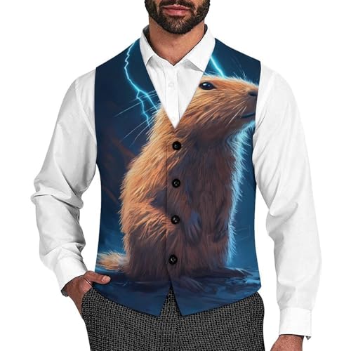 Thunder And Capybara Suit Vest for Men Waistcoat Dressy V Neck Button Down Sleeveless Business Jacket Coat