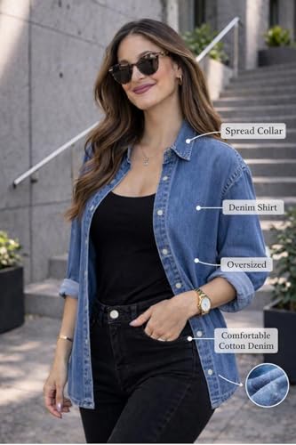 Image of FUNDAY FASHION Women Oversized Fit Solid Casual Denim Shirt