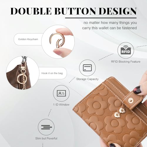 Image of RFID Wallet Women,Slim Small Wallets Embossed Flower Leather Bifold Compact Ladies Girls Wallet with Credit Card Holder Zipper Coin Pocket Brown