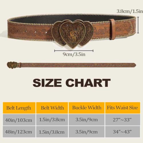Image of Yalice Western Brown Belt for Women Vintage Cowgirls Leather Jeans Belts with Embossed Buckle