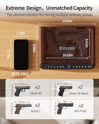 Image of BILLCONCH Gun Safe for Handgun - Biometric Pistol Safe 4 Ways Quick Access with Fingerprint /Full-digital Keypad /Key /APP Lock and Security Cable for Nightstand Bedside Home - Antique Bronze