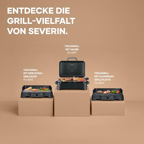 Foto von Severin Elektrogrill, Temperaturen 35-200 Grad Celsius, schnelles Aufheizen, 38x22 cm, Tischgrill mit Auffangschale, Edelstahl-Grillrost, Balkongrill, einfache Reinigung, 2000W, schwarz, PG 8593
