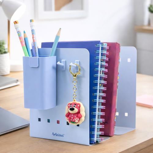 Image of Adjustable Bookend Organizer with Pen Holder | Expandable Desk Bookshelf for Office, Study, and Home | Book Rack Stand for Books, Files & Stationery (Extends Up to 17 Inches) - Blue