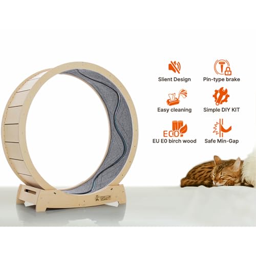 Star Cat Wheel, Cat Treadmill, Exercise Wheel for Running, Spinning, Scratching, and Climbing for Indoor Cats, Premium Birch Wood, Eco-Friendly, Moving Fish, Wide Running Track, 47.2 inch XL Size
