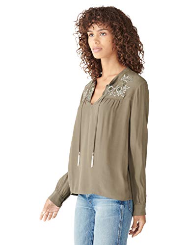 Lucky Brand Womens Long Sleeve Notch Neck Embroidered Peasant Top Shirt, Grape Leaf, Large Us #TOP2