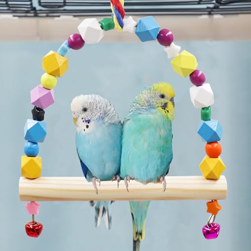 Image of Oooct 2 Pack Bird Swing, Hanging Colorful Wooden Parrot Perch Stand Toy, Bird Cage Accessories, Suitable for Small to Medium Birds Parrots Parakeets Cockatiels Conure Budgies Love Birds