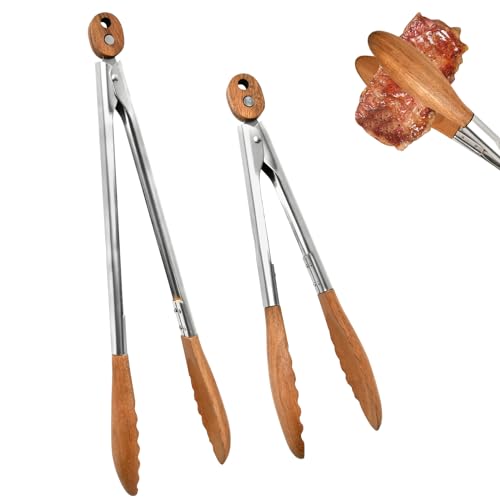 Boocalny 2Pcs Walnut Wood Tongs, Wood Toaster Kitchen Tongs, 9