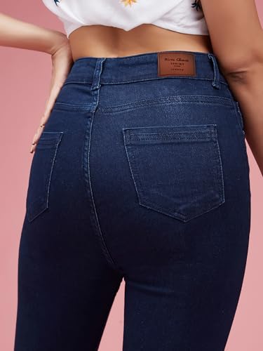 Image of Miss Chase Women's Skinny High Rise Cropped Fringed Hemline Stretchable Denim Jeans (MCAW24DEN94-45-71-30, Navy Blue, 30)