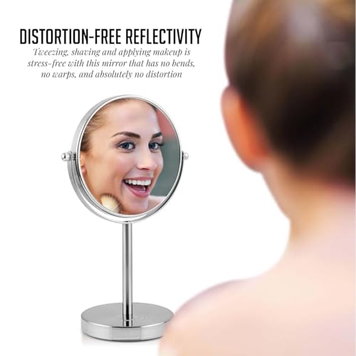 Image of OVENTE 6'' Tabletop Vanity Makeup Mirror, Nickel Brushed MNLT60BR1X7X | Double Sided Round Magnifying Table Mirror with 1X /7X Magnification, 360 Rotation, Perfect for Dresser Bedroom Office Travel