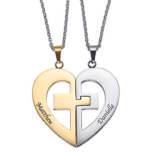 LONAGO Personalized Couple Name Necklace Matching Set Custom Engraved His and Hers Broken 2 Half Piece Heart Pendant Sterling Silver Two-Tone Puzzle Cross Necklaces