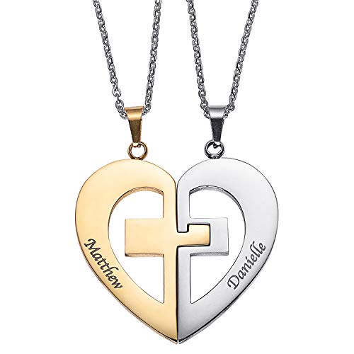 Personalized Couple Name Necklace Matching Set Custom Engraved His and Hers Broken 2 Half Piece Heart Pendant Sterling Silver Two-Tone Puzzle Best Friend Gifts for 2 (Two Tone Cross Necklaces)