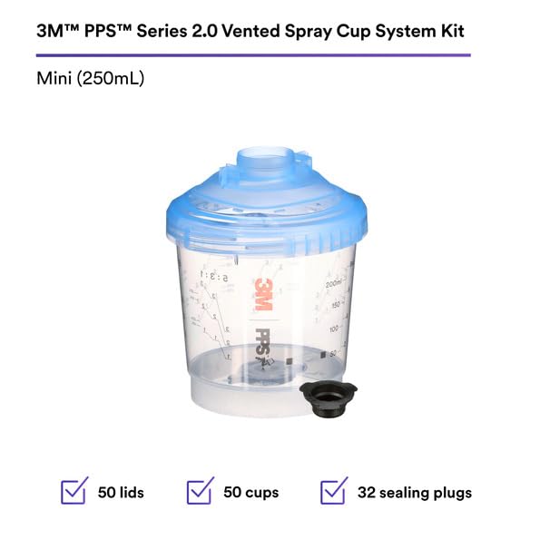 Image of 3M PPS Series 2.0 Vented Spray Cup Kit, Mini, 26161, Ready to Use Vented Cup, Includes 8.5 fl oz Cup, Lids with a 125 Micron Filter Built in for Easy-to-use for Automotive