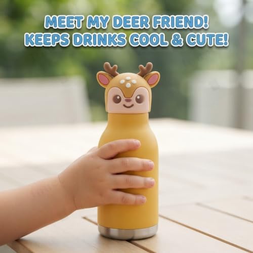 Image of JOUET Kids 400ml Stainless Steel Water Bottle with Deer Design, Leakproof Drinking Bottle for School, Sports & Travel