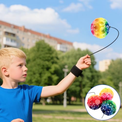 CYEER 12er Set Handgelenk-JoJo Bälle mit Schnur – 6,3cm Bunte Springbälle mit verstellbarem Armband – Ideale Mitgebsel für Kindergeburtstag, Koordinationstraining & Stressabbau – Regenbogen-Design