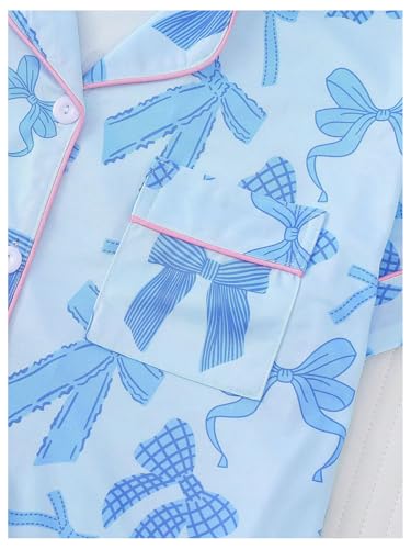 Image of SHENHE Women's 2 Piece Pajama Set Bow Graphic Button Down Short Sleeve Lapel Shirt Pj Short Set