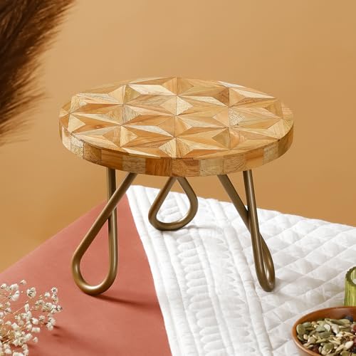 Image of CASADECOR Neo Abstract Wood & Metal Pizza Cake Stand | 8-Inch Round Decorative Dessert Display & Serving Stand for Cakes, Pastries & Table Decor (Brown, Pack of 1)