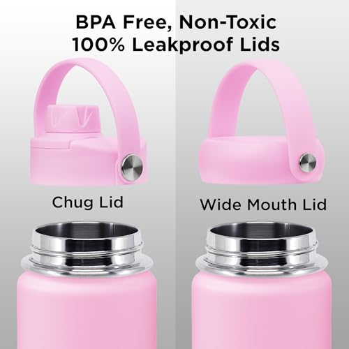 Image of ThermoProof Double-Walled Vacuum Insulated Stainless Steel Water Bottle - Wide Mouth with Chug & Spout Lids, Dishwasher Safe, Reusable, Leakproof, Hot & Cold for Men, Women & Kids - 22oz, Pink