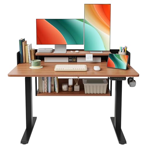 Image of FEZIBO Electric Height Adjustable Standing Desk with Double Shelves, 48 x 24 Inch Home Office Desk with Monitor Stand and Storage, Sit Stand Rising Desk, Nature
