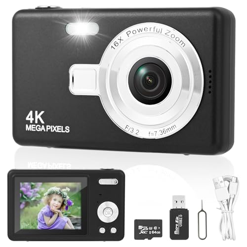 Digitalkamera Fotokamera mit 64GB Karte, 1080P FHD 40MP Kinder Kamera 2.4' LCD, Wiederaufladbare Kamera fotokamera mit 8X Digitalzoom digicam für Erwachsene, Kinder, Jungen, Mädchen （Schwarz