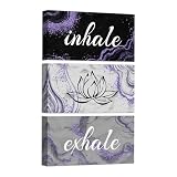 iKNOW FOTO Inhale Exhale Wall Art - 3pcs Zen Yoga Meditation Canvas Prints, Lotus Design, Black Grey and Purple Marble, Each 6x12'', for Living Room & Bedroom (Small)