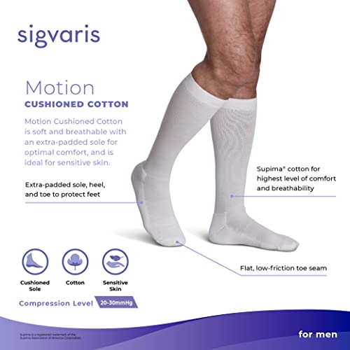 Image of Sigvaris Men's Motion Cushioned Cotton 360 Closed Toe Calf-High Socks 20-30mmHg - Whie - Small Long
