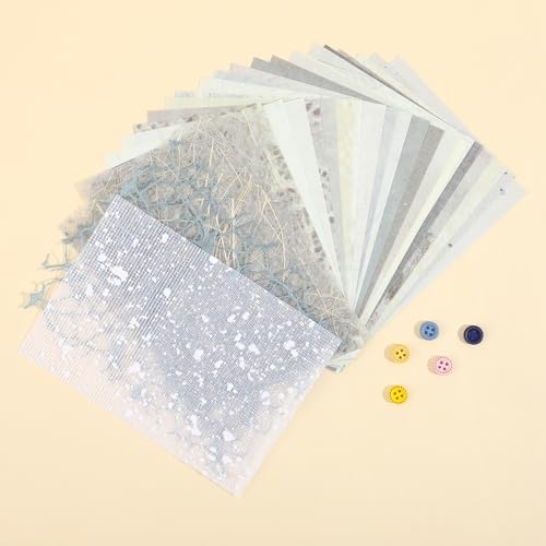 25 Sheet A5 Textured Scrapbook Paper, Handmade Blue Decoupage Paper Mesh Fabric Set for Junk Journal Supplies, Vintage Craft Scrapbook Supplies for Card Making Decorative Gift Posters DIY - 5 Buttons