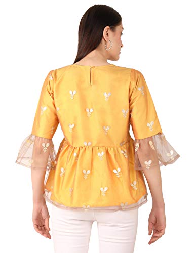 Image of UNFAKENOW Women Trendy Indo Western Casual wear Stylish Going Out Peplum Cotton top Ladies Floral Print Ruffled Plus Size Party net Tunic Long Bell Sleeve Pleated Fancy Nice top