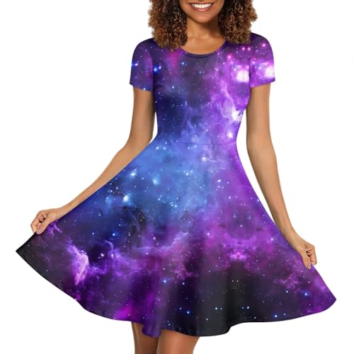 Image of Forchrinse Purple Galaxy Space Dress for Women 3D Galaxy Sexy Tunic Dress Loose Fit Short Sleeve Flowy Swing Dress A Line Tank Dress Skater Dress for Wedding Party, XX-Large