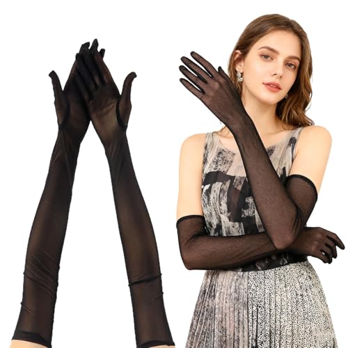YAWYO Gants en dentelle noire transparente, Longs gants noirs sexy pour femme, Mariée, Mariage, Opéra, Danse, Tea Party, Accessoires de costume en maille
