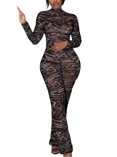 Black Sexy Mesh 2 Piece Set for Women See Through Turtleneck Going Out Crop Top Flared Pant Sets Jumpsuit Club Outfits