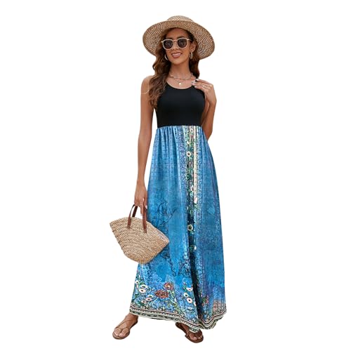 Image of Sherosa Women Boho Chevron Striped Floral Printed Summer Sleeveless Tank Long Maxi Party Dress