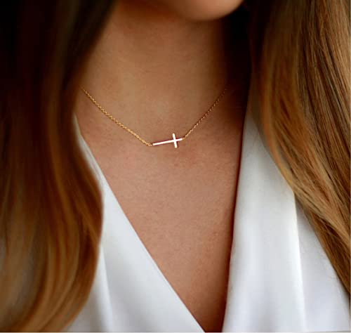 Pencros Gold Sideways Cross 18K Gold Filled Horizontal Small Cross Pendant Religious Jewelry For Women Girls #TOP3