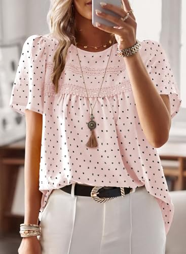 Image of Falechay Womens Summer Tops Crewneck Short Sleeve Shirts Casual Chiffon Blouses Flowy Lace Hem Boho Clothing Trendy 2026