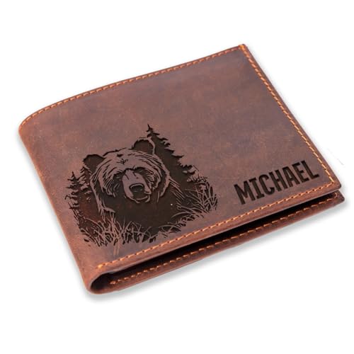 Personalized Bear Crazy Horse Leather Mens Wallet, Mens Wallet Bear,Christmas Gifts, Country Wallets for Men, Custom Leather Wallets for Men, Bears Walet
