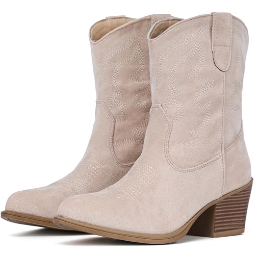 Image of IXU Cowboy Boots for Women Wide Suede Ankle Western Cowgirl Boots Mid Calf Pointed Toe Short Chunky Classic Booties