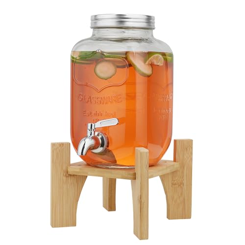 Hiziwimi 4L Getränkespender mit Ständer, Getränkespender aus Glas mit Zapfhahn aus massivem Edelstahl (4L-Glas mit Ständer aus Bambus)
