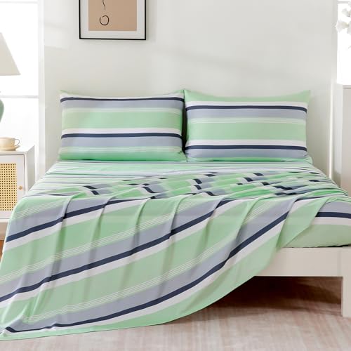 Image of MCO 4Pieces Striped Sheets Set, Breathable Full Sheet Set with 16 inch Deep Pocket,Modern & Luxury, Brushed Microfiber Bedding Set(Full, Green Gray)