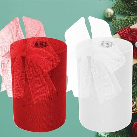 Tulle Fabric Rolls 2 Colors, 6 inch 100 Yard Ribbon Spool DIY Tutu Christmas Party Gift Wrapping Wedding Bow Home Decoration (Red, White) Cover