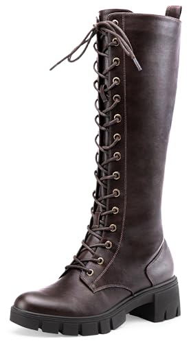 Jeossy Women's Knee High Combat 9603 Boots, Tall Platform Chunky Heel Boot with Lace, Synthetic Leather Long Comfy, Round Toe Boot with Zipper, Whisky, Size 8(DJY9603 Whisky 08)