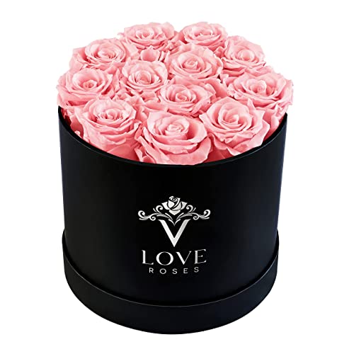 VLove Forever Preserved Roses in a Box | Real Roses That Last a Year | Gift Ready Eternity Roses Box | Zero Care Long Lasting Flowers | Black Box of Roses: 12 Pink | Wife Mothers Day Gifts For Her