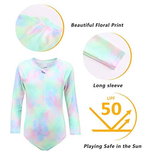 Image of Girls Long Sleeve Rash Guard One Piece Swimsuit Kids UPF 50+ Sun Protection Swimwear Rainbow Striped Bathing Suit 3-14 Years