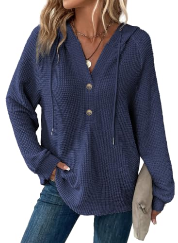 Image of Dokotoo Hoodies for Women Waffle Knit Button V Neck Casual Sweatshirt Tops
