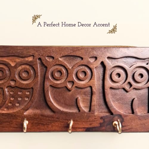 Image of Stylish Wooden Key Holder for Wall | Cute Key Holder for Home Decor | Key Holder Stand with 5 Hooks | Wall Mounted Key Hanger (Owl)