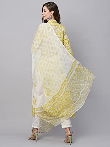 Image of GoSriKi Women's Cotton Blend Straight Printed Kurta with Pant & Dupatta (Avni Green-GS)