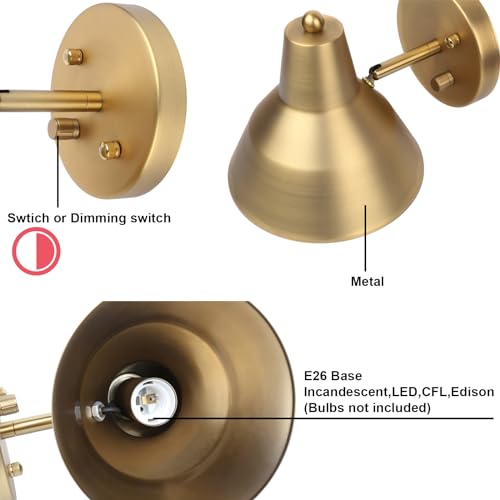 Image of Yosoan Set of 2 Antique Vanity Wall Sconce with Dimming On Off Switch | Hardwired Indoor Vintage Fixture with 6.89 inch Bowl Metal Shade Reading Bedroom Bunk