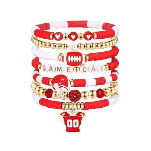 Sistble Game Day Bracelets for Women Stackable Red Football Bracelets Gifts Stretch Beaded Bracelets Sport Football Mom Gameday Outfits Accessories