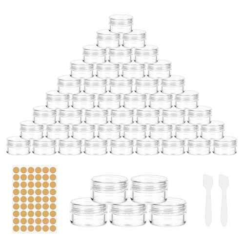 Alitree 50pcs Botes Pequeños de Plastico,5mltarros de plástico,Mini tarro transparente,con tapón rosca Lata vacia con pegatinas,para mini velas,lociones,Cremas,Maquillaje