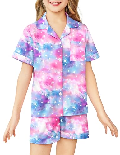 Image of Arshiner Girls Pajamas Sets Short Sleeve Kids Pjs Button Down Sleepwear | Cute Printed Pajamas for Little & Big Girl, Lightweight Comfy Fabric, 2-Piece Outfits, Perfect for Lounge Pajamas Party