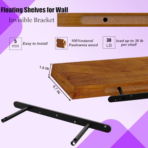 Image of IAE Led Floating Wall Shelves 24 inch,Bathroom Shelf Wall Mounted,Invisible Shelf Floating Kitchen Shelves,Wooden wall Shelving with Brackets for Living Room wall Mounted,Easy Install,Set of 2,Teak